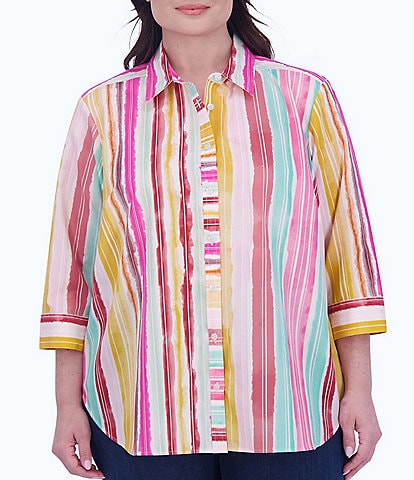 Foxcroft Plus Size Boyfriend Point Collar 3/4 Sleeve Striped Button Front Shirt