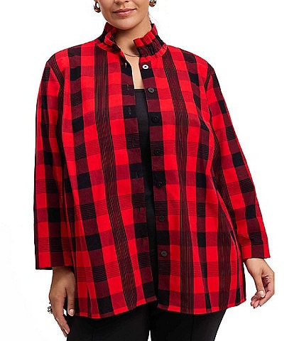 Foxcroft Plus Size Carolina Buffalo Plaid Corduroy Stand Neck Long Sleeve Shirt Jacket