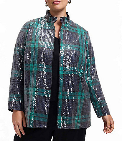 Foxcroft Plus Size Carolina Sequinned Buffalo Plaid Print Stand Collar Long Sleeve Snap-Front Shacket