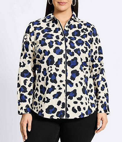 Foxcroft Plus Size Charlie Cheetah Print Cotton Sateen Wing Collar Long Sleeve Button-Front Shirt
