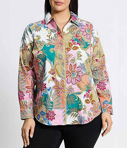 Foxcroft Plus Size Charlie Jacobean Floral Collared Long Sleeve Shirt