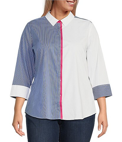 Foxcroft Plus Size Charlie Mix & Match Stripe Print Stretch Cotton Point Collar 3/4 Button Front Shirt