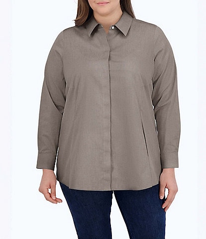 Foxcroft Plus Size Cici Solid Non-Iron Pinpoint Oxford Long Sleeve Point Collar Button Front Tunic