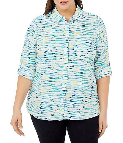 Foxcroft Plus Size Cole Neon Zebra Print Point Collar Long Roll-Tab Sleeve Shirt