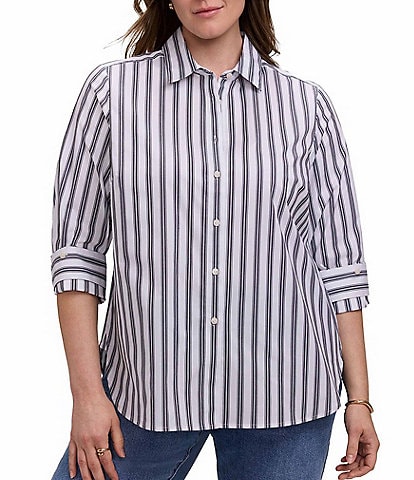 Foxcroft Plus Size Cotton-Blend Varigated Stripe Collared 3/4 Sleeve Button-Front Blouse