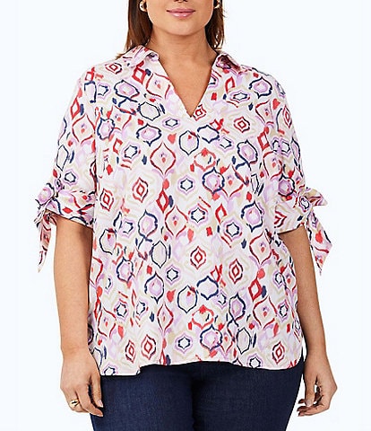 Foxcroft Plus Size Emma Sateen Ikat Print Point Collar 3/4 Bow Tie Sleeve Button Front Blouse