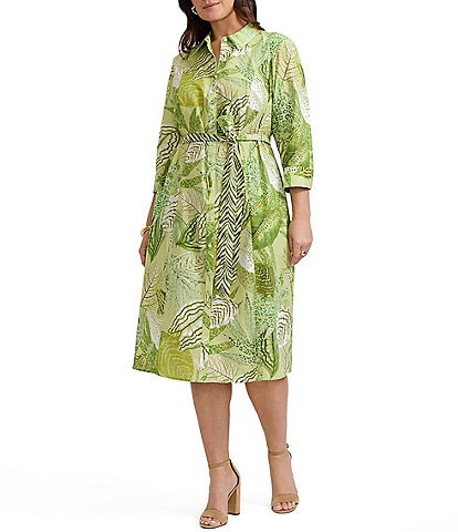 Foxcroft Plus Size Fiona Jungle Print Wrinkle Free 3/4 Sleeve Button-Front Tie Waist Belt Shirtdress