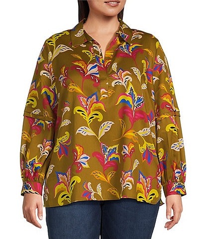 Foxcroft Plus Size Frankie Cotton Sateen Floral Collared Y-Neck Long Sleeve Top