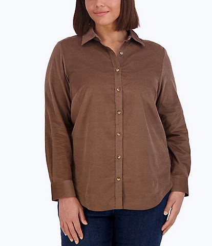 Foxcroft Plus Size Haven Solid Corduroy Point Collar Long Sleeve Round Hem Button Front Shirt