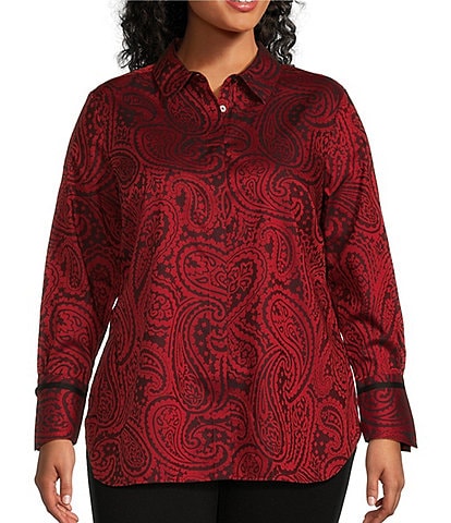 Foxcroft Plus Size Iris Paisley Collar Long Sleeve Button Down Top