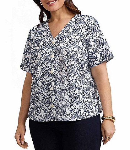Foxcroft Plus Size Isabel Floral Eyelet V-Neck Elbow Sleeve Button-Front Shirt