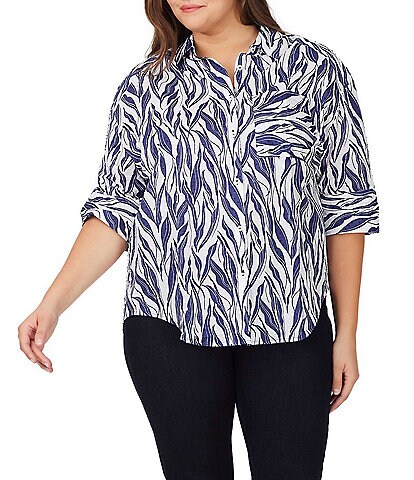 Foxcroft Plus Size Joanna In Beach Botanical Print Cotton Blend High-Low Shirt