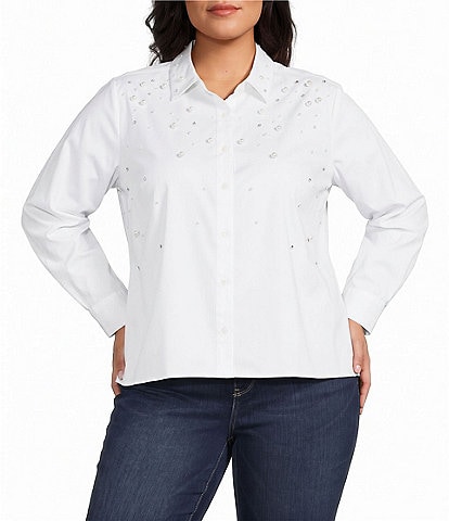 Foxcroft Plus Size Jodie Pearl Rhinestone Point Collar Long Sleeve Button Front Shirt