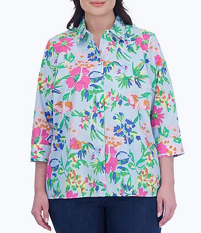 Foxcroft Plus Size Kelly Sateen Painterly Floral Collar 3/4 Sleeve Hi-Low Hem Button-Front Shirt