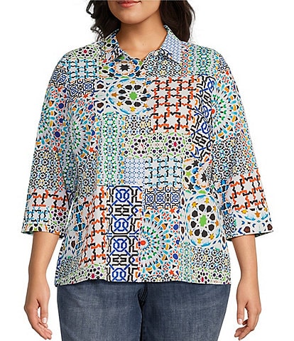 Foxcroft Plus Size Kelly Woven Patchwork Print Point Collar 3/4 Sleeve High-Low Hem Button-Front Shirt