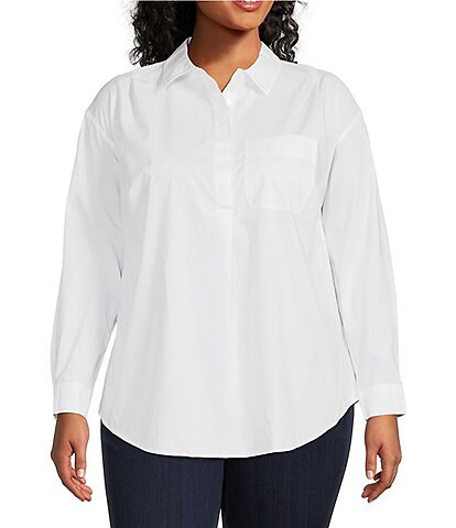 Foxcroft Plus Size Lacy Cotton Blend Long Sleeve Popover Tunic