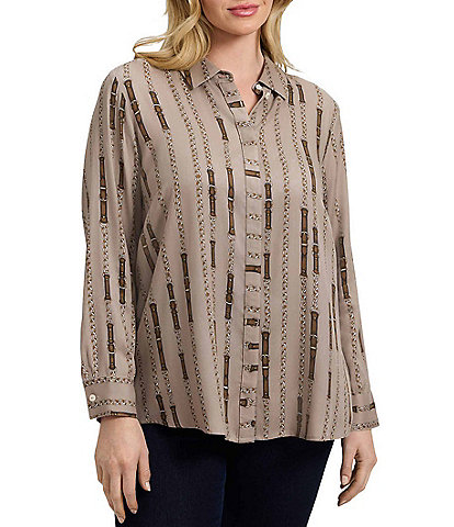 Foxcroft Plus Size Luna Chain Belt Print Point Collar Long Sleeve Button-Front Shirt