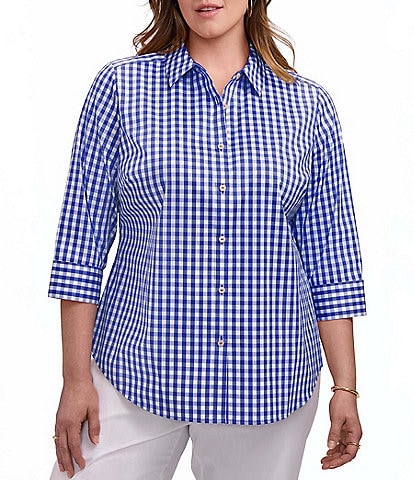 Foxcroft Plus Size Margie Allover Gingham Point Collar 3/4 Sleeve Button Front Blouse