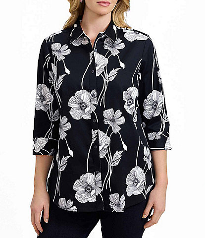 Foxcroft Plus Size Margie Cotton Sateen Wrinkle Free Floral Point Collar 3/4 Sleeve Button Front Shirt