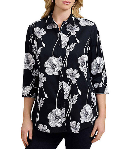 Foxcroft Plus Size Margie Cotton Sateen Wrinkle Free Floral Point Collar 3/4 Sleeve Button Front Shirt