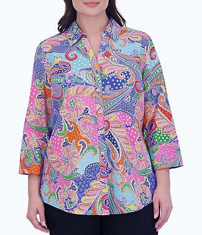 Foxcroft Plus Size Mary Cotton Sateen Multi Paisley Print Point Collar 3/4 Sleeve Button-Front Shirt