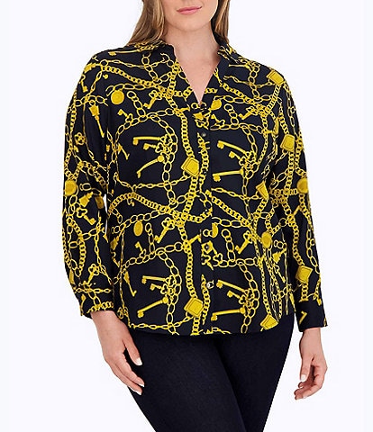 Foxcroft Plus Size Mary Printed Sateen Cotton Point Collar Long Sleeve Shirttail Hem Button Front Shirt