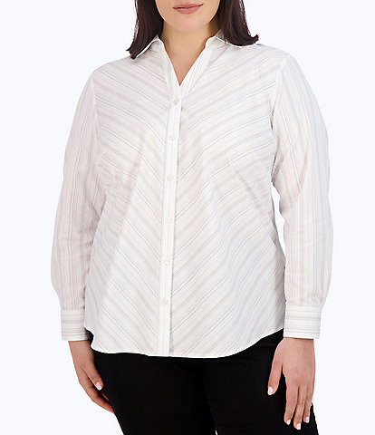 Foxcroft Plus Size Mary Stripe Print Point Collar Long Sleeve Side Slits Hem Button Front Woven Shirt