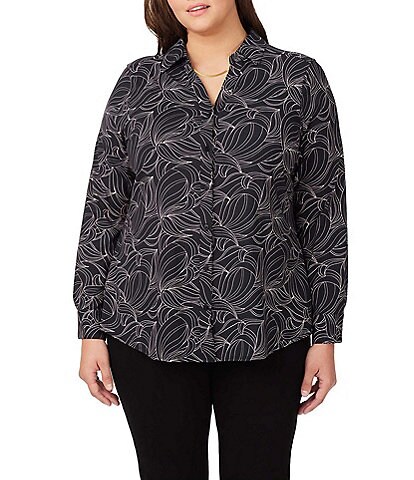 Foxcroft Plus Size Mary Swirling Slope Print Point Collar Long Sleeve Button Front Shirt