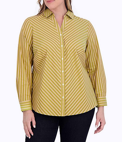 Foxcroft Plus Size Mary Woven Y-Collar Long Sleeve Shirttail Side Slit Hem Button Front Shirt