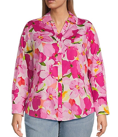 Foxcroft Plus Size Mary Y-Neck Point Collar Long Sleeve Button Front Shirt