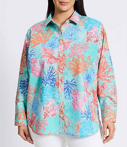 Foxcroft Plus Size Meghan Coral Print Point Collar Long Sleeve Button Front Shirt