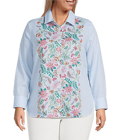 Foxcroft Plus Size Meghan Floral Stripe Point Collar Long Sleeve Button Front Shirt