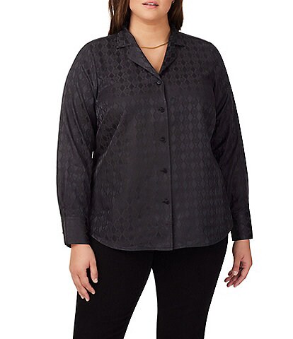 Foxcroft Plus Size Monica Geo Jacquard Print Notch Collar Long Sleeve Button Front Blouse
