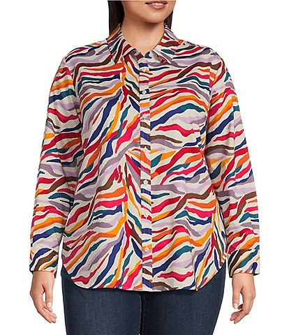 Foxcroft Plus Size Multicolor Zebra Print Cotton Long Sleeve Button-Front Boyfriend Shirt