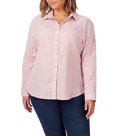 Foxcroft Plus Size Natalie Glitzy Stripe Print Point Collar Long Sleeve Button Front Shirt