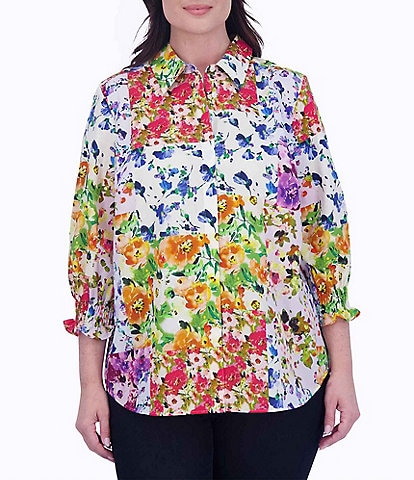 Foxcroft Plus Size Oliva Floral Print Point Collar 3/4 Sleeve Button Front Top