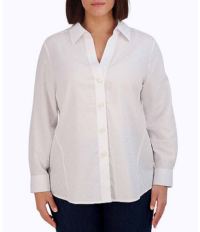 Foxcroft Plus Size Paityn Jacquard Point Collar Long Sleeve Shirttail Hem Button Front Shirt