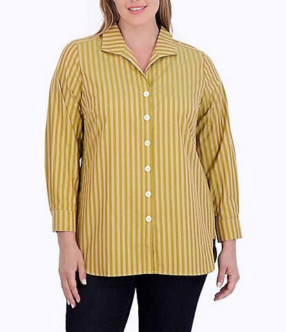 Foxcroft Plus Size Pandora Stripe Print Wing Collar Long Sleeve Curved Hem Button Front Woven Tunic