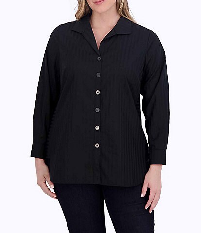 Foxcroft Plus Size Pandora Stripe Print Wing Collar Long Sleeve Curved Hem Button Front Woven Tunic