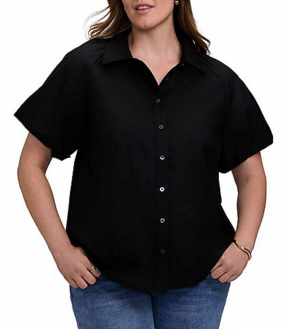 Foxcroft Plus Size Paula Point Collar Short Puff Sleeve Button-Front Blouse