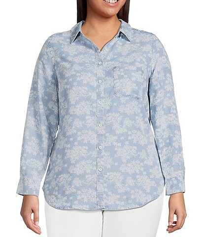 Foxcroft Plus Size Printed Tencel Point Collar Long Sleeve Button Front Top