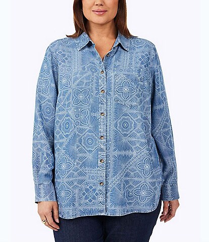Foxcroft Plus Size Puff Tile Print Point Collar Long Sleeve Button-Front Tencel Boyfriend Shirt