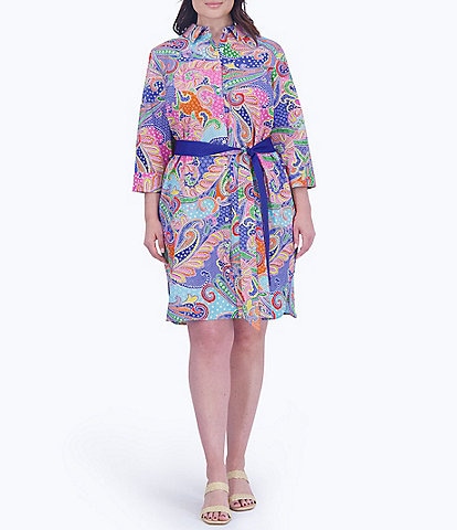 Foxcroft Plus Size Rocca Sateen Multi Paisley Point Collar 3/4 Sleeve Belted Button-Front Shirt Dress