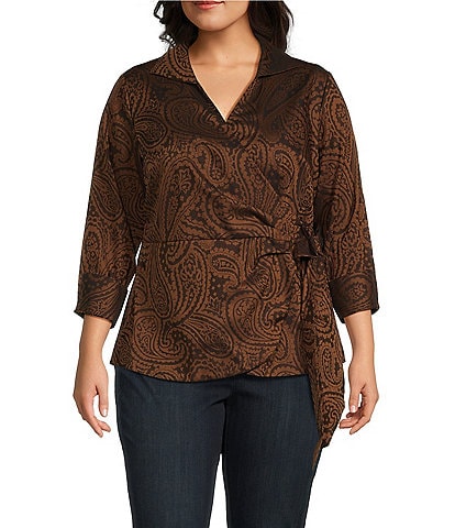 Foxcroft Plus Size Salina Jacquard Paisley Wing Collar Long Sleeve Wrap Shirt