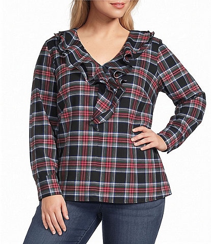 Foxcroft Plus Size Sandy Holiday Plaid Ruffle V-Neck Long Sleeve Top