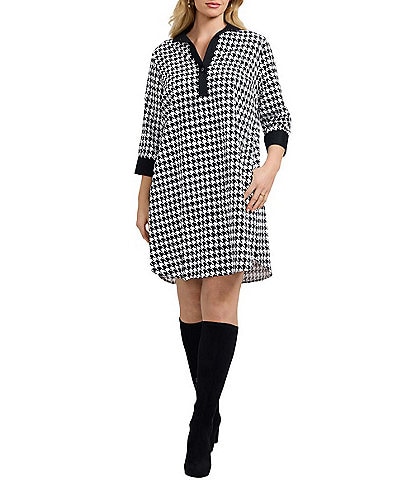 Foxcroft Plus Size Sloane Cotton Sateen Houndstooth Wrinkle Free Notch Collar 3/4 Sleeve Shift Dress