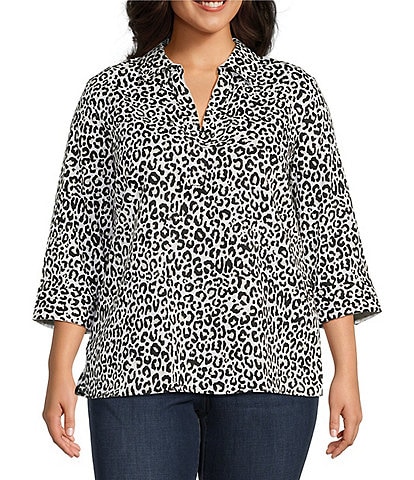 Foxcroft Plus Size Sophia Animal Print Sateen Cotton Point Collar 3/4 Sleeve Popover Shirt