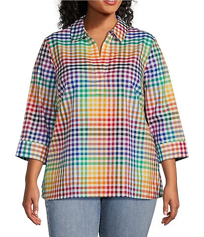 Foxcroft Plus Size Sophia Rainbow Gingham Print Point Collar 3/4 Sleeve Shirt