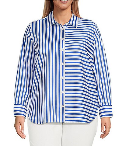 Foxcroft Plus Size Stripe Print Gingham Pattern Cotton Sateen Point Collar Long Sleeve Button Front Shirt