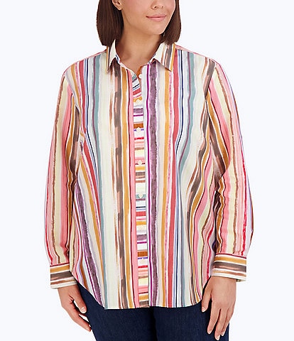 Foxcroft Plus Size Stripe Print Poplin Knit Point Collar Long Sleeve Button Front Shirt